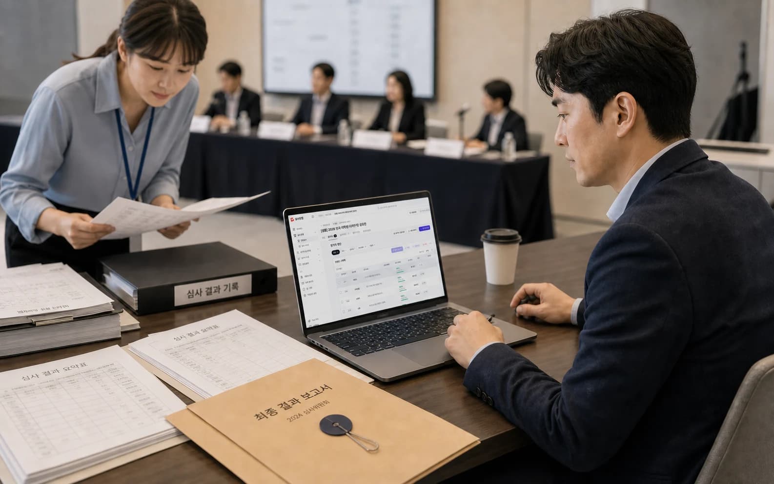 행사 운영자가 노트북의 심사닷컴 참가자 관리 화면으로 심사 현황을 확인하는 모습