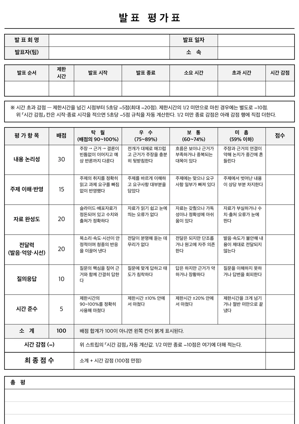 발표·프레젠테이션 평가표 미리보기